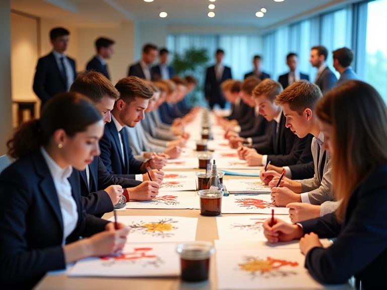 Företagsteam som deltar i kalligrafi teambuilding