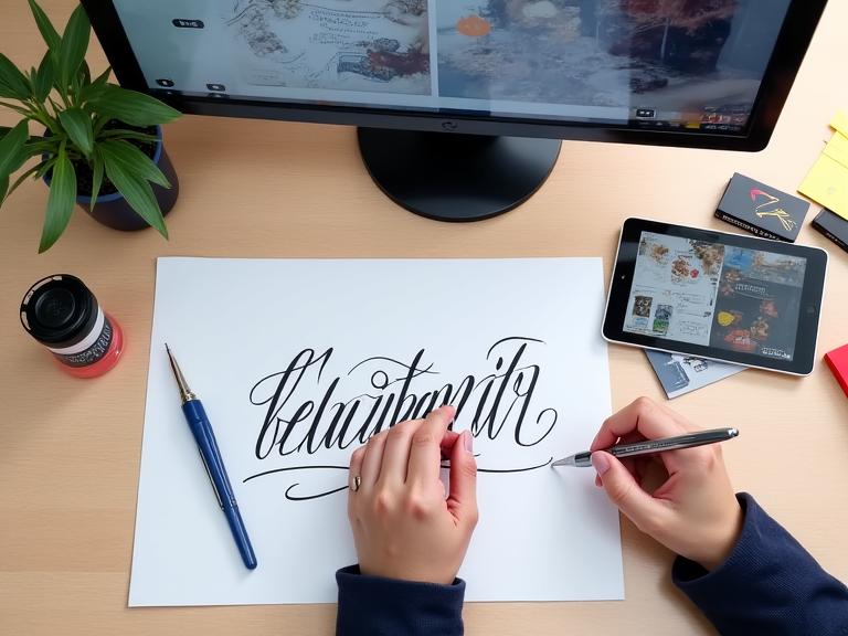 Online kalligrafitutorial setup med kamera och verktyg